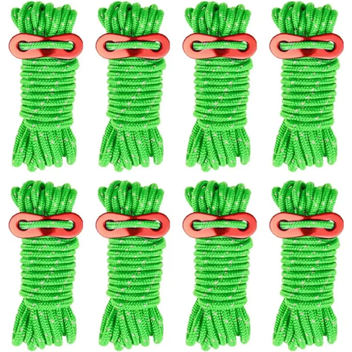 8 Pack 4mm Ultralight Tent Guy Lines with Adjuster Tensioner for Camping Hiking Backpacking Green Ropes 13ft Long High Visibility Durability