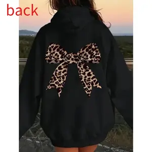 Women's Leopard Print Bow Detail Hoodie - High Street Casual Pullover, Comfortable Autumn and Winter Fashion, Machine Washable Cute Hoodie, Durable Fabric Women's Drawstring