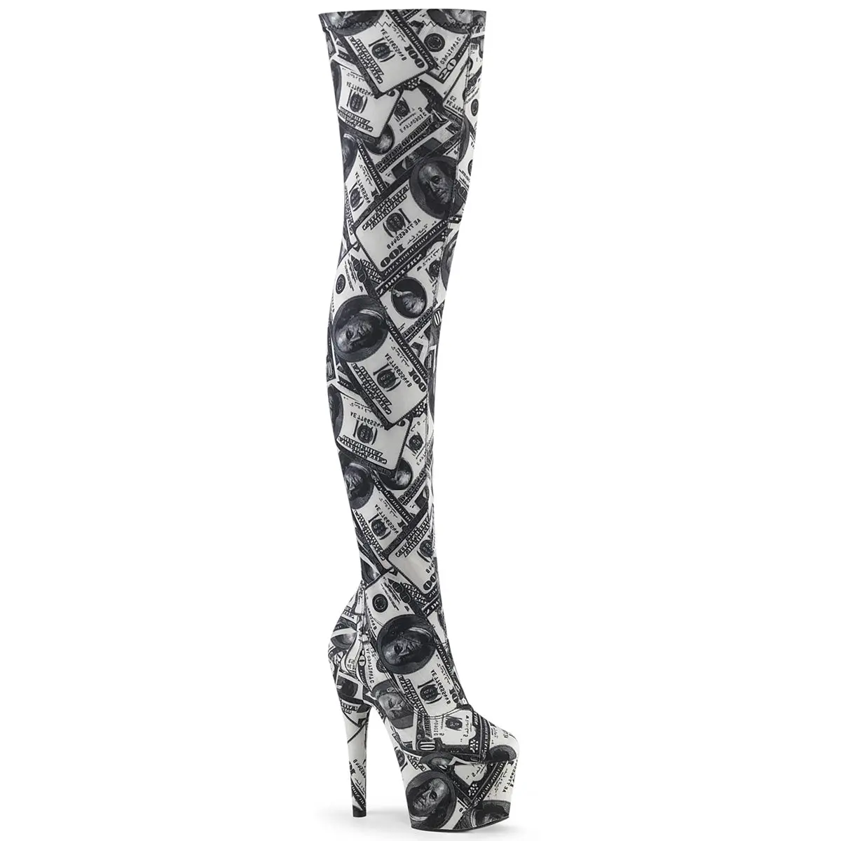 Dollar Print Thigh-High Platform Boot, ADORE-3000DP 7-Inch Heel with Stretch Fit and Inner Zipper for Pole Dance Performances, Platforms, Women, Footwear