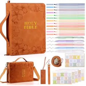 Bible Cover Case PU Leather Cover Study Supplies Journaling Kit Book Carrying Case, Brown