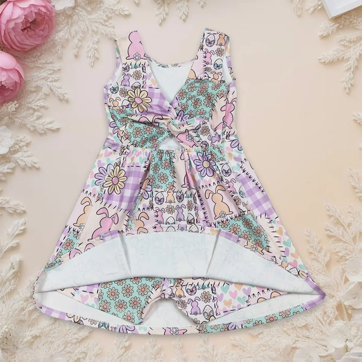 Baby Girl Easter Knitting Sleeveless Crew Neck Knee-Length Dress with Floral Print Shorts, Checked Pattern, Rabbit Bunny-Daisy Accents, Animals, Elastane for Athletic & Yoga Wear, Fitted, Full Coverage, Daisies, Drawstring Tie, 12-18M, 2-In-1 Dress & Shor