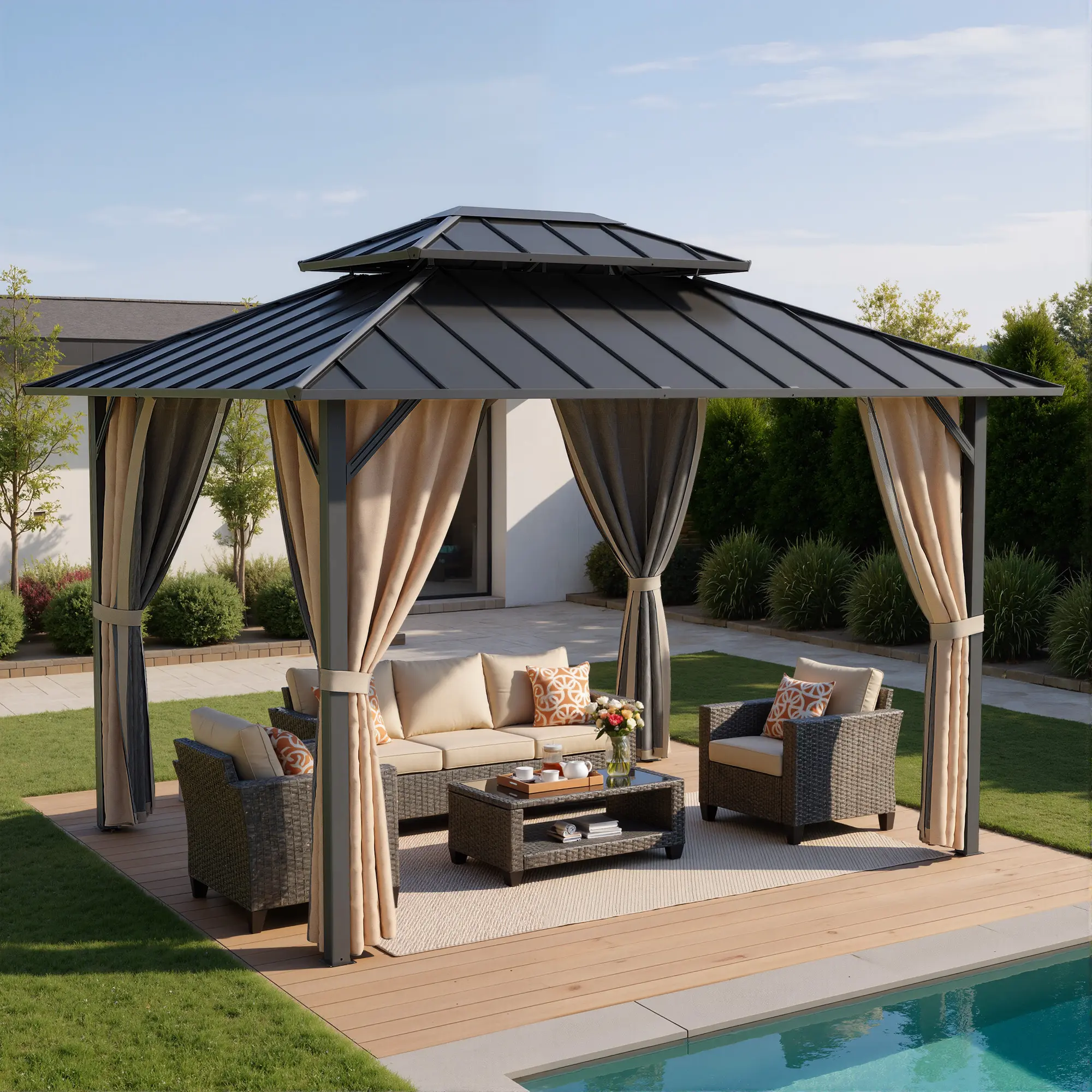 【Summerfinds】Ovios 12'x10' Hardtop Gazebo, Aluminum Frame Permanent Pavilion with Curtains and Netting, Outdoor Galvanized Steel Double Roof Canopy, Designed for Garden, Pool Side, Lawns, Patio