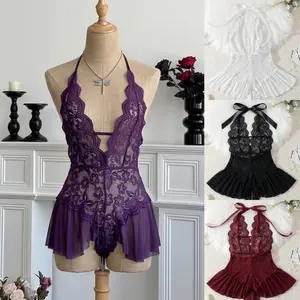 Deep V Scalloped Floral Lace Halter Teddy Lingerie Adjustable Ribbon Tie Hollow Heart Open Back Bow Sheer Mesh Ruffle Split Crotch Bodysuit For Women Honeymoon Boudoir Romantic Sexy Intimate Nightwear Multi Color Fashion Sleepwear