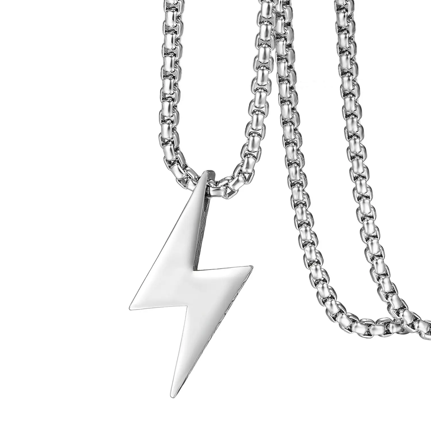 OIDEA Men's Lightning Bolt Pendant Chain Jewelry Necklace, Polished Silver-Tone Stainless Steel, 1.73" Charm, 22.04" Chain, Chain Jewelry Necklaces