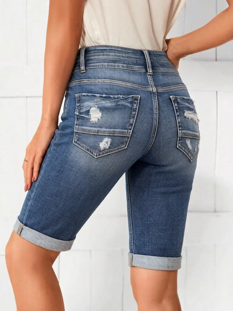 Women's Stretchy High-Waisted Distressed Cuffed Hem Ripped Back Pocket Knee-Length Denim Bermuda Shorts, Womenswear Bottoms for Casual Summer Walking
