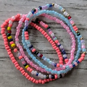 Set of 5 Seed Bead Bracelets in Pink and Blue Confetti Pattern stacking bracelets Stretch bracelets bracelet sets beach girl