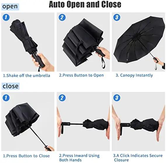 Ring Buckle Fully Automatic Umbrella Foldable Umbrella for Travel,42inch Lightweight Automatic Open Close Umbrella, 10 Ribs Portable Rain Sunshine Wind Proof Black