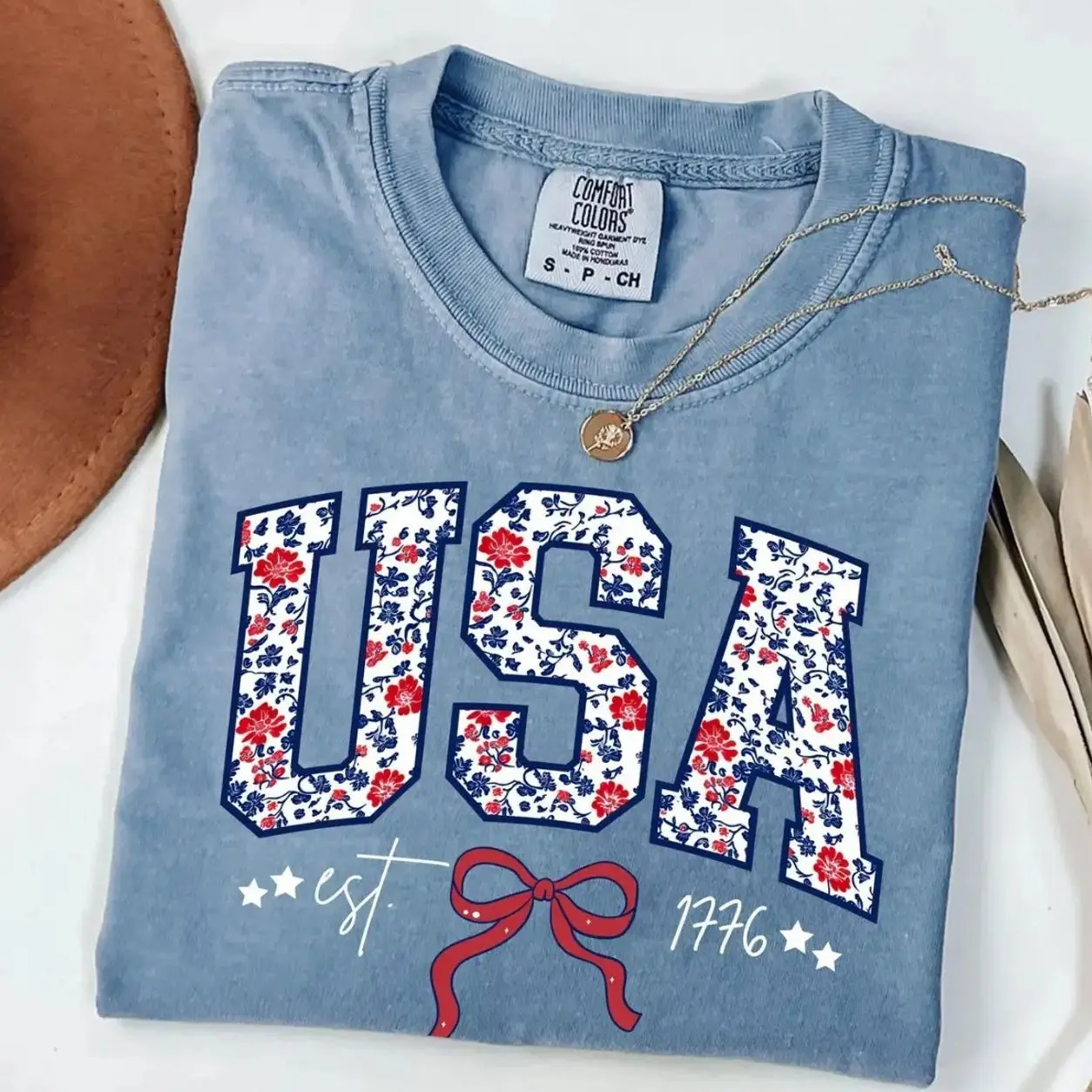Comfort Colors Floral USA Est. 1776 Shirt, Coquette Patriotic Americana Tee, Trendy Preppy 4th of July Day Tee, Casual Outfit, Comfortable Menswear & Womenswear Top, Perfect Gift For Men and Women, May25