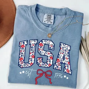 Comfort Colors Floral USA Est. 1776 Shirt, Coquette Patriotic Americana Tee, Trendy Preppy 4th of July Day Tee, Casual Outfit, Comfortable Menswear & Womenswear Top, Perfect Gift For Men and Women, May25