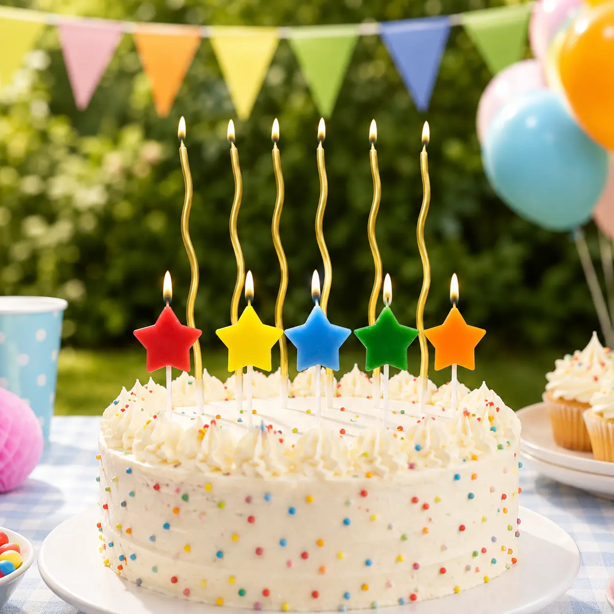 Colorful Star Birthday Candles, Macaron Star Cake Candles with Gold Wave Candles for Birthday Cake Decoration Party Supplies