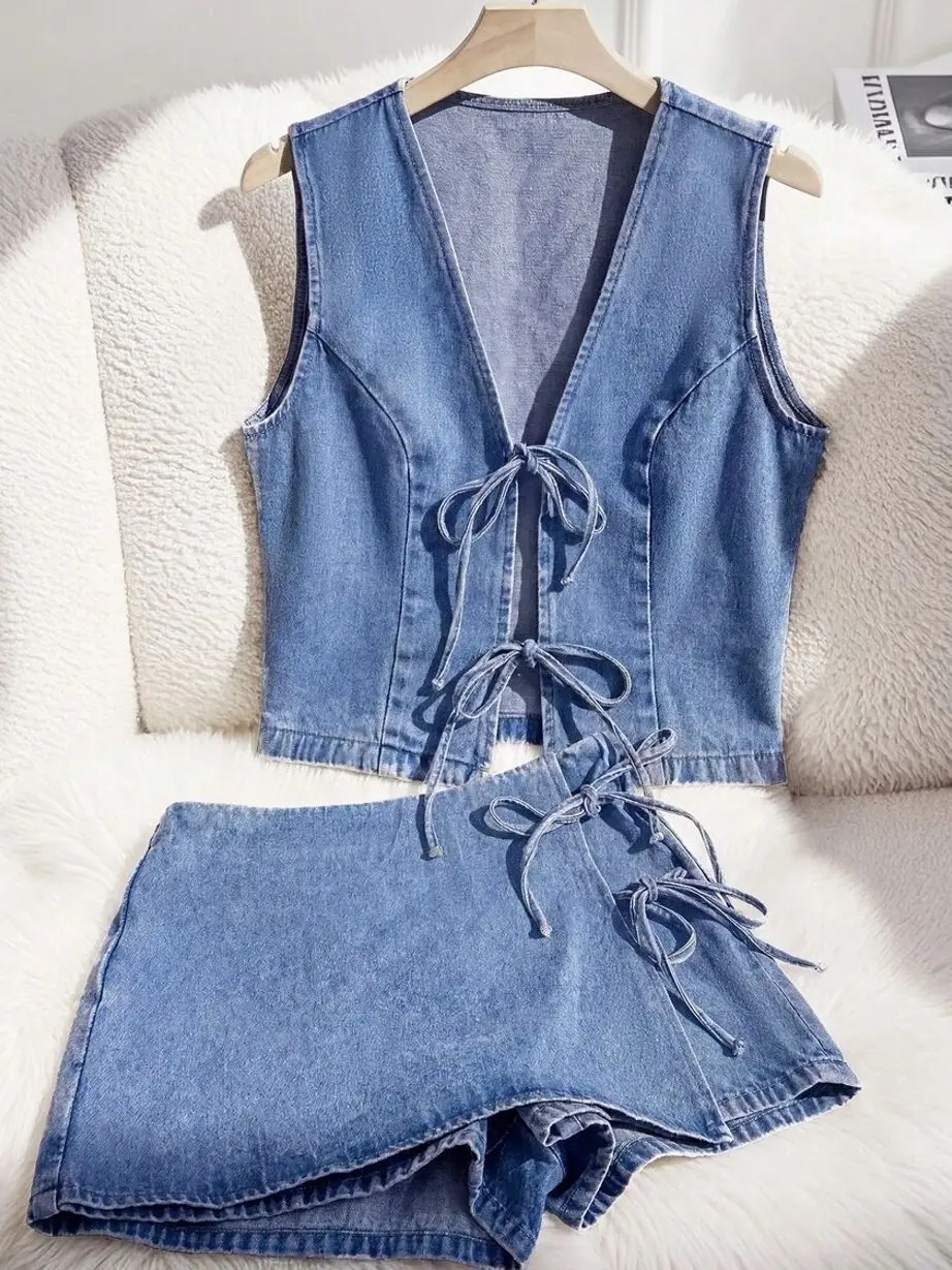 Women's 2-Piece Denim Outfit Set, Tie Front Crop Top and Matching Skirt Casual Summer Vacation and Streetwear Set