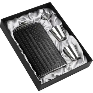 350ml/12oz Hip Flask For Men 304 Food Grade Stainless Steel with 2 Cups and Funnel Portable Gift Box for Whiskey Rum Great Gift for Groomsman Best Man Usher Wedding Black Leather American Flag