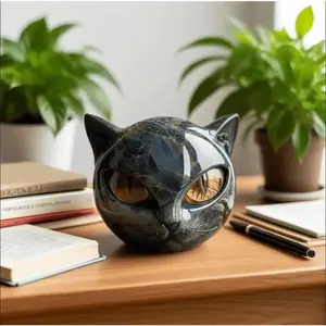 Cat Stone Sculpture Figurine, Handcrafted Marble-Look Resin Statue, Amber Eyes, Elegant Shelf Decor for Home or Office