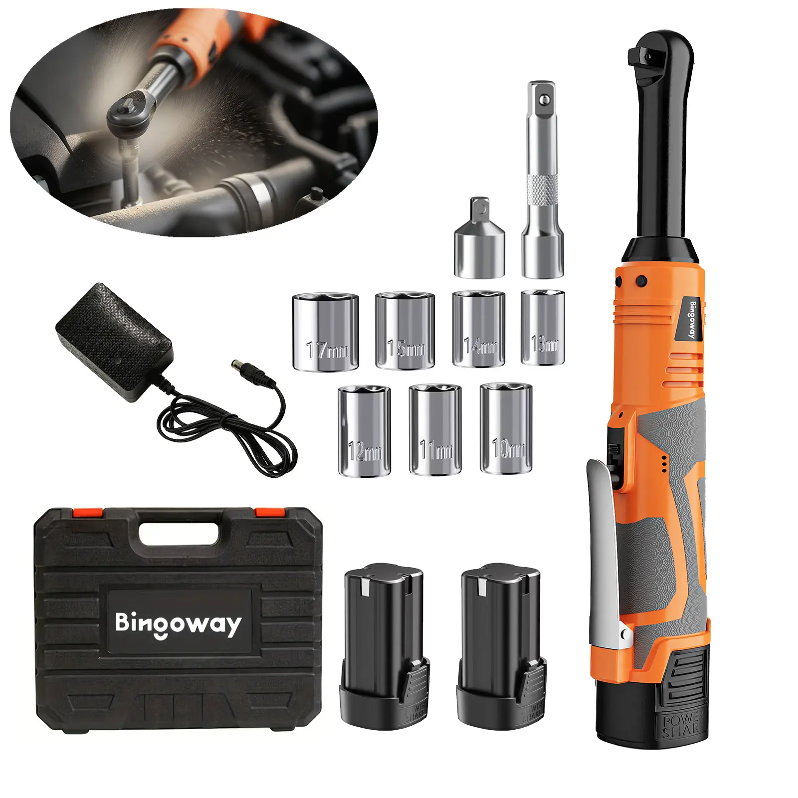 Bingoway 3/8" Extended Electric Ratchet Wrench Set, 61N.m(45ft-lbs)Cordless Long Neck Power Ratchet Wrench Kit with 2pcs2000mAh 16V Batteries, LED Light, 9 Sockets, Toolbox,Variable Speed, For Housework, Car Repair, Best Gift For Your FamilyAnd Friends