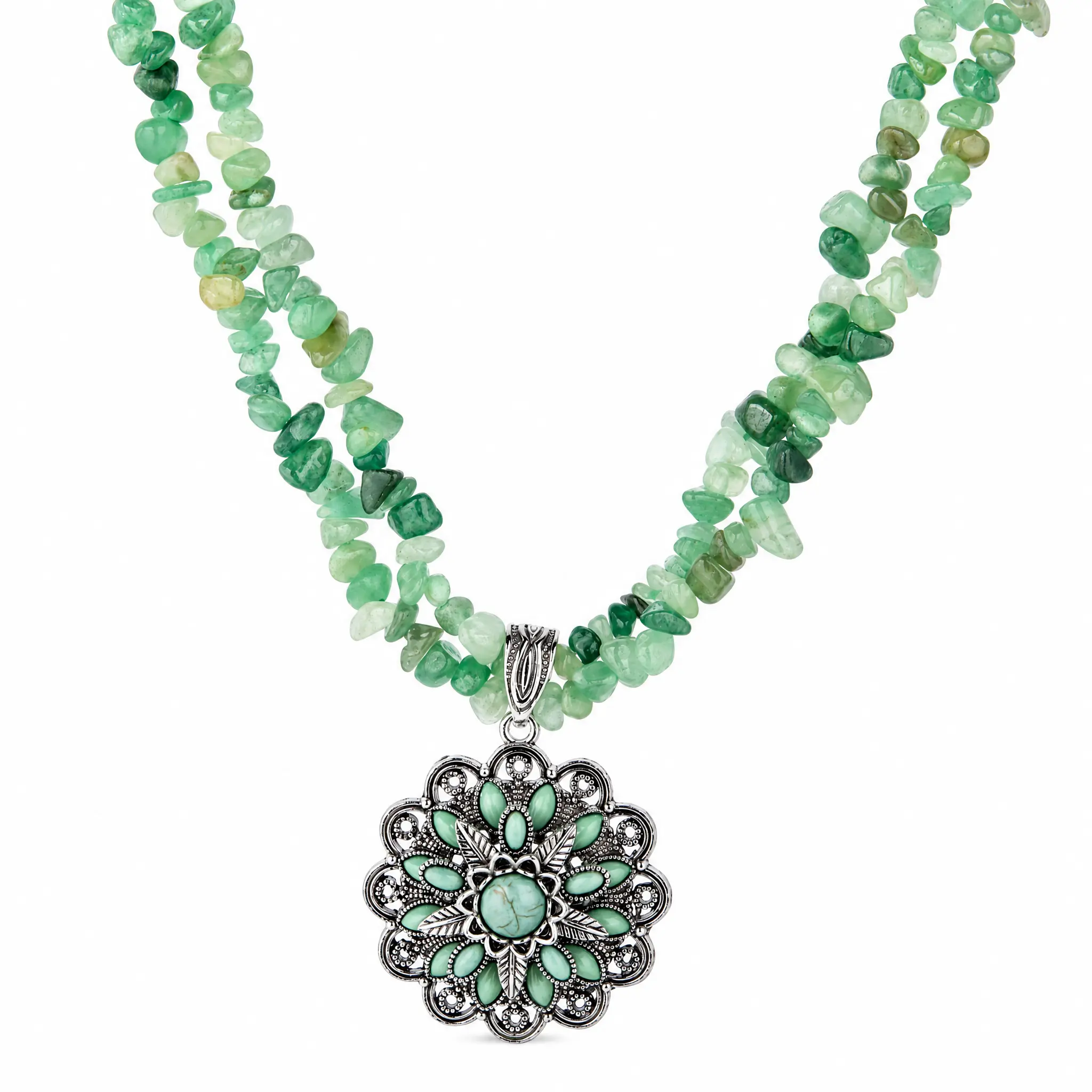 Rustic Couture's Southwestern Ethnic Beaded Necklace - Green Aventurine Chips, Lightweight Beads, Antique Silver Ornate Concho Pendant, Adjustable Design, Casual Cowgirl Statement, Rodeo-Ready Shine, Western Floral Art for Cowgirls, Boho Fashion Lovers