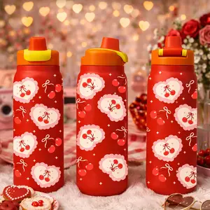 28oz Insulated Water Bottle with Spout Lid,  Red Lace Heart and Cherry Pattern Design, Cute Romantic Aesthetic Large Capacity Leak Proof Water Bottle, Keeps Hot for 12 Hours Cold for 24 Hours, Daily Drinking, Valentine Gift and Gift for Women
