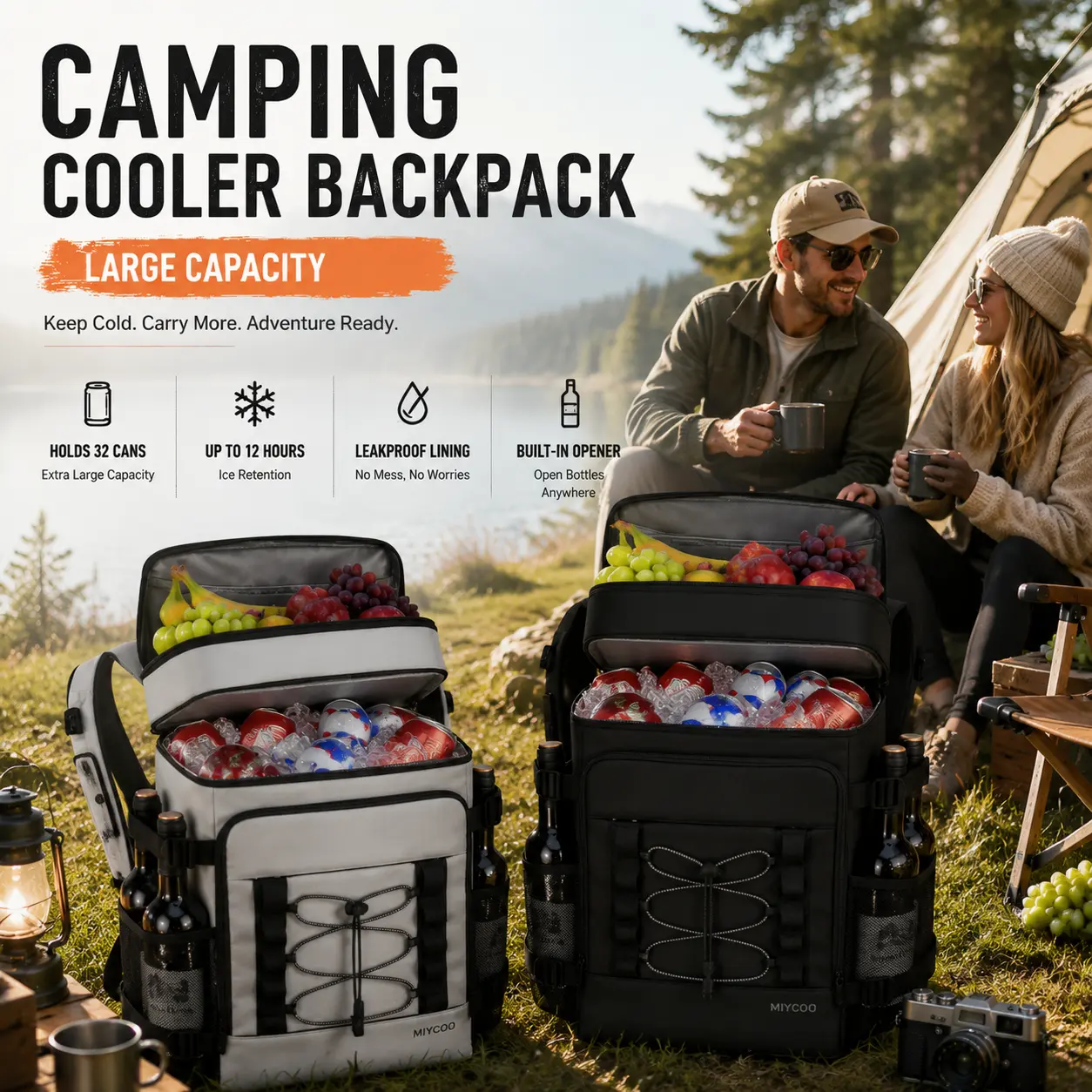 45L Insulated Cooler Backpack - 100% Leakproof 32 Cans Dual Temp Dual Compartment Soft Cooler, 12H Ice Retention Keep Food Warm, Built-in Bottle Opener Fixed Wine Holder for Camping Hiking Beach Picnic Tailgating Outdoor Travel