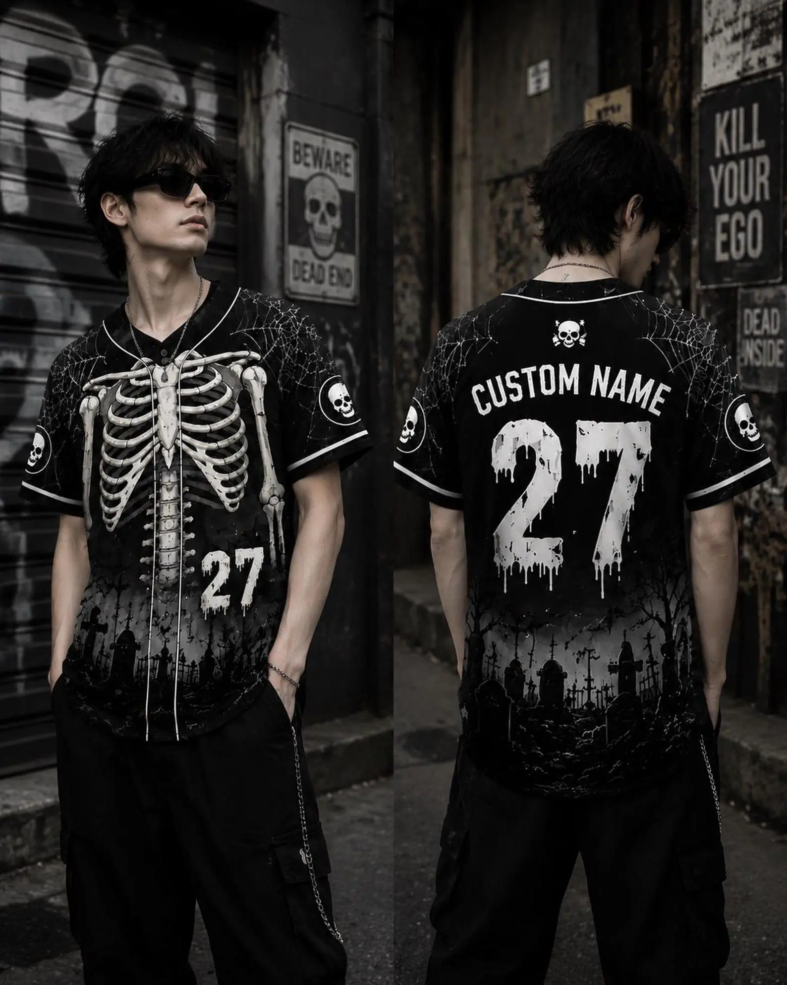 Skeleton Baseball Jersey, Custom Name Number Halloween Shirt, Skull Rib Cage Uniform, Spooky Gothic Outfit, Horror Team Gift