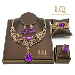 LQ Elegant Four-Piece Purple Crystal Jewelry Set - Necklace, Earrings, Bracelet, and Ring - A luxurious and stylish gold-plated gift, the perfect choice for women - ideal for Mother's Day, weddings, and parties.