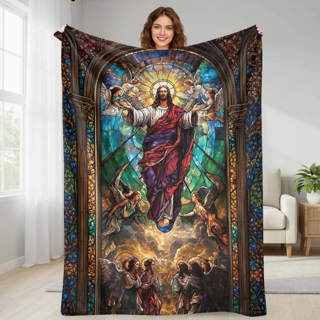 Jesus Stained Glass Flannel Blanket Religious Art Pattern Super Soft Lightweight Plush Throw Blanket Cozy Warm Bedding For Prayer Room Living Room Church Holiday Gift