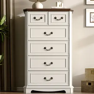 Farmhouse 6 Drawer Dresser for Bedroom, Tall Rustic Chest of Drawers with Metal Handle, Wood Vintage Storage Tower Cabinet, Wooden Closet Storage Dressers Organizer for Living Room, Hallway, White