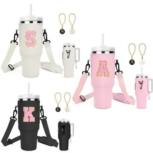 Letter Pattern Pastel Insulated Water Bottle Holder Bag Set, 4 Counts/set Including 1 Bottle Carrier with Strap & 2 Letter Charm & 1 Chenille Letter, Kitchen Accessories, Drinkware Accessories for Tumbler, Black
