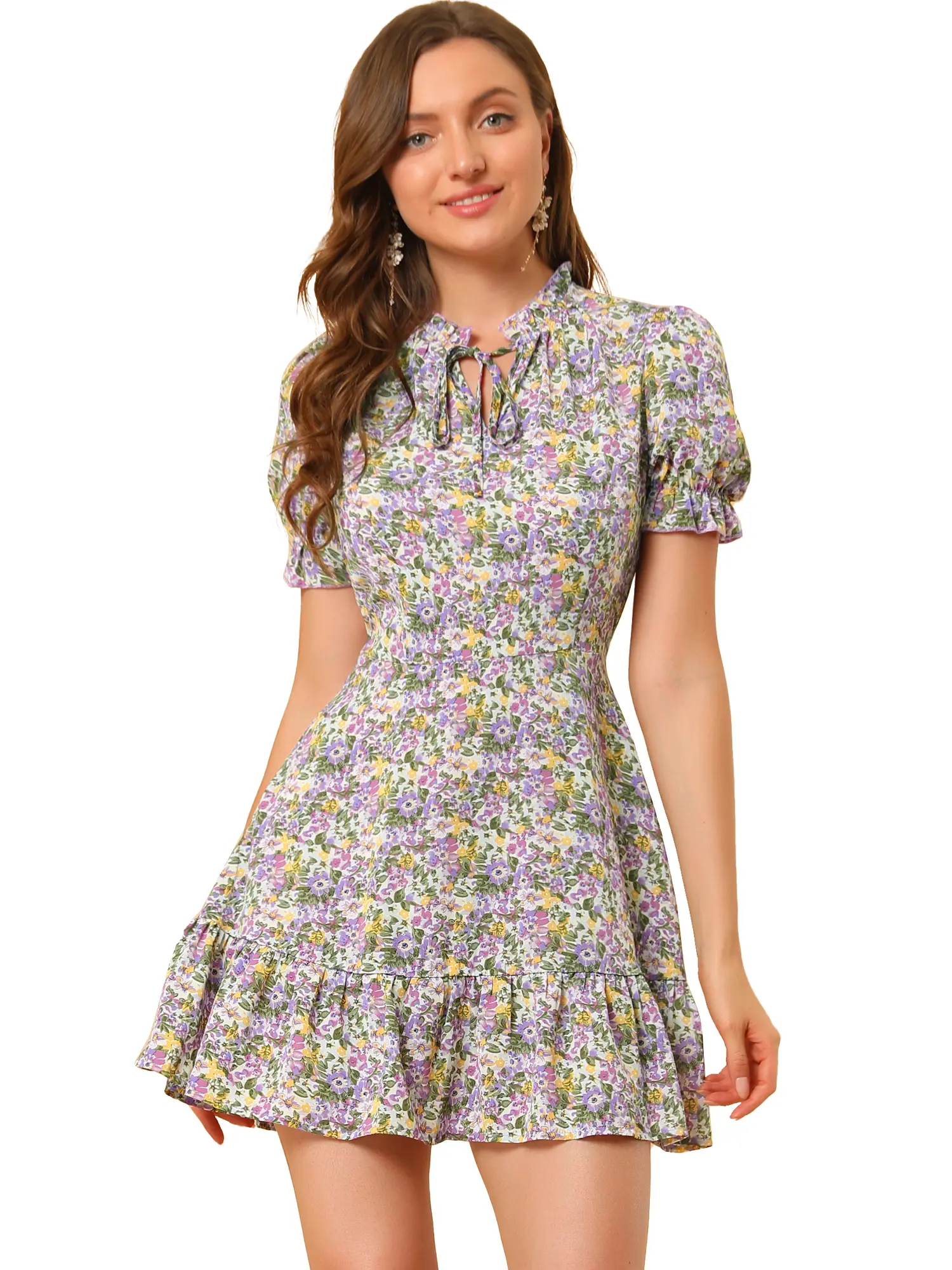 INSPIRE CHIC Women's Ruffle Dress Summer Chiffon Tie Neck Puff Short Sleeve Floral Smock Dress