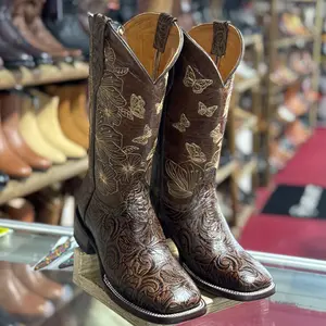 Chocolate Butterfly Tooled Square Toe Cowgirl Boots