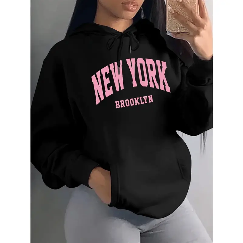 Women's New York Brooklyn Graphic Graphic Hoodie - Cotton Blend Black Long Sleeve Pullover Regular Fit | Soft & Breathable Fabric, Durable Print, Everyday Comfort, Machine Washable, casual urban indoor mirror selfie