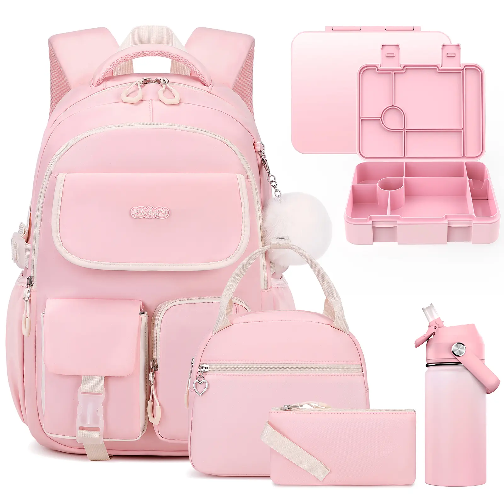 SIMILOVE Cute Girls' 3PCS Nylon Backpack Set - Breathable Daypack with Reflective Strips, Mesh, Adjustable Shoulder Straps, Lunch Bag, Pencil Pouch, Classic Contrast Colors, Pom Pom, for 6-18 Years Elementary School Teens, Daily Life/Back to School Gifts