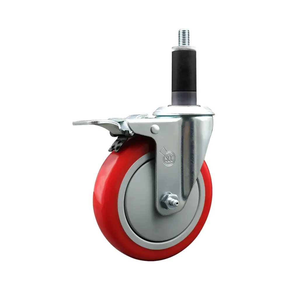 Service Caster SCC-EXTTL20S514-PPUB-RED-118 Heavy Duty Lockable Swivel Caster, Polyurethane Expanding Stem, 5 in. Red Wheel, 1.13 in. Stem, Total Locking Brake, Lockable Swivel Wheels, Lockable Wheels