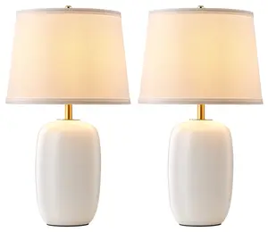 22 Inch Black Ceramic Table Lamps Set of 2, Fabric Lampshade Living Room Office Desk lamp, E26 Socket Rotary Switch Lighting for Bedroom, Nightstand, Reading, Office, Study, Corner, Home Decor