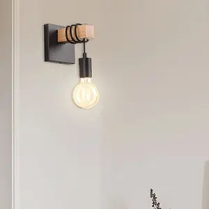 Vintage Wall Lamp Metal Base with Wood Decoration, Rustic Industrial Style Indoor Living Room Office Corridor Lighting E27 Socket (no Bulb)