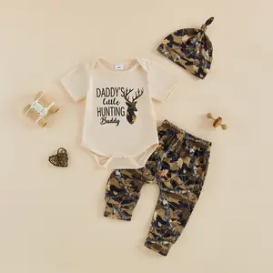 Baby Boys 3 Piece Outfit Adorable Deer Letter Print Short Sleeve Round Neck Jumpsuit and Hat Camouflage Pants Set