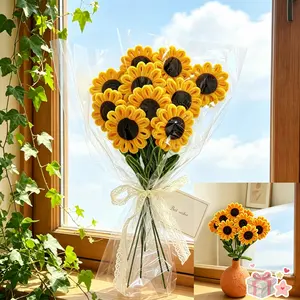 10 pcs Handmade Sunflower Bouquet, Realistic Flowers with Leaves, No Maintenance, Home Decor, Event Planning, Holiday Decoration