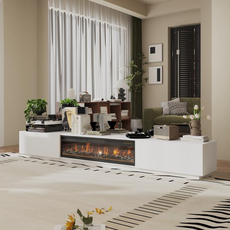 FUFU&GAGA Fireplace TV Stand for TVs Up to 109" with 46" Electric Fireplace Heater LED Light Media Console Storage Cabinet, White Entertainment Center for Living Room