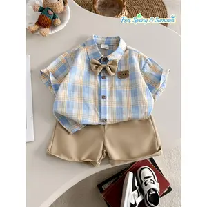 Boys' Blue and Yellow Checkered Bow Tie Set & Blue and Yellow Fresh Checkered Short-Sleeve Shirt & Bow Tie & Decoration & Khaki Casual Shorts & Create an Elegant Little Gentleman Style & Suitable and Occasions