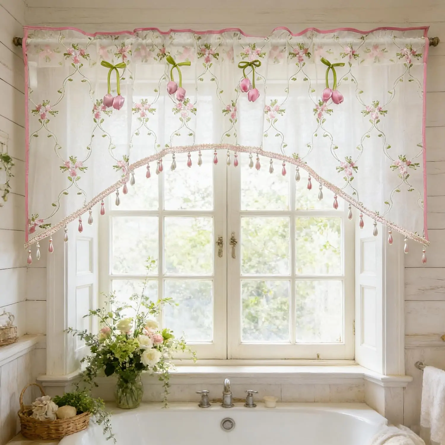 Victorian Floral Lace Sheer Swag Curtain Valance Arched Doorway Curtain | Pink Tulip Romantic Embroiderd Light Filtering Voile Window Drape with Beaded Trim for Kitchen Bathroom Small Window 1 Panel