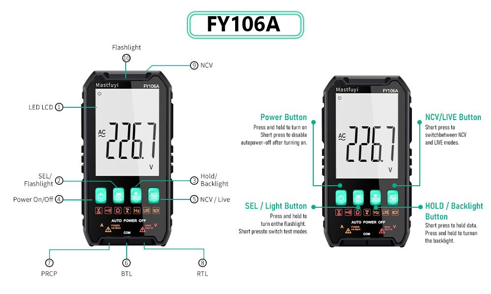 Mastfuyi FY106 Lightweight Smart True RMS Digital Multimeter - 3999 Counts voltmeter, Auto-Ranging, CAT III 600V, Professional Voltage Tester with Test Leads, Tools and Gadgets, Work Accessories, Mechanic Tools for Live Wires detail 16