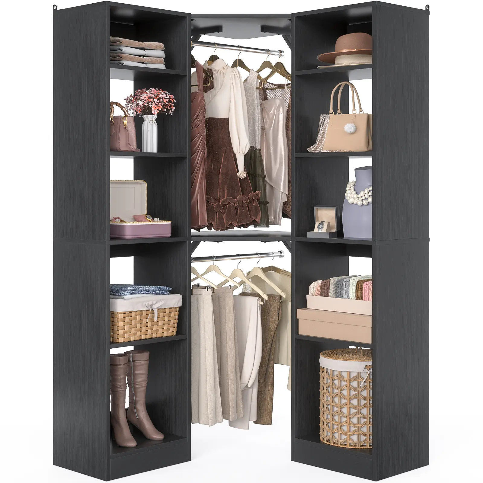 Corner Closet System with 12 Shelves, 40" Large Closet Organizer System with 2 Hanging Rods, Versatile 6-Tier Corner Wardrobe for Bedroom, Cloakroom