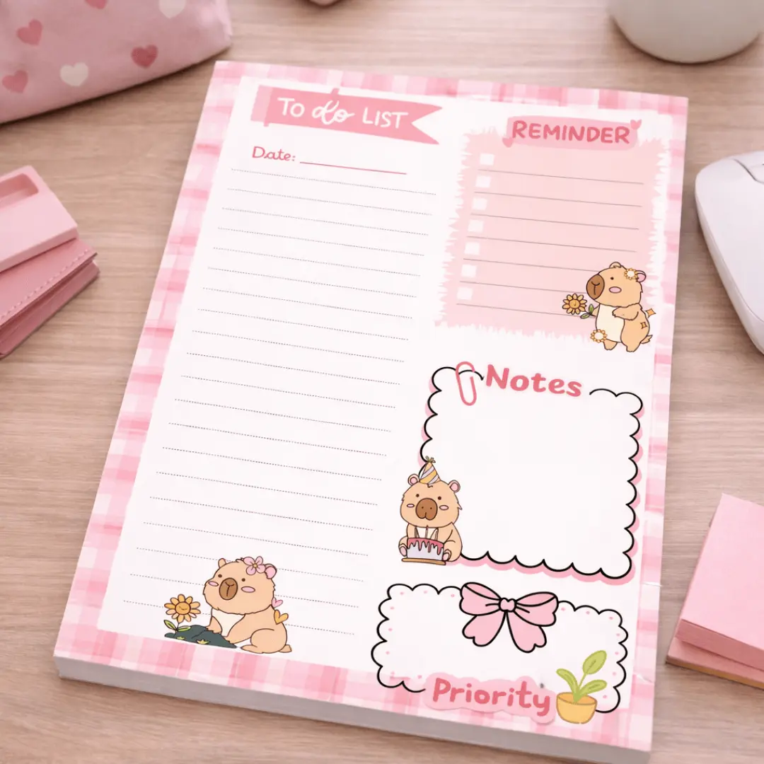 Pink Plaid Capybara Daily Planner Notepad – Cute To-Do List Pad