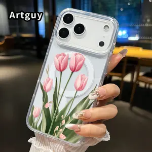 Magnetic Phone Case for iPhone 17 16  Pro Max Plus 15 14 13 12 11 Air E Tulips under Moon Pattern Non-Yellowing Shockproof Soft Silicone Transparent Acrylic Large Hole Cover Supports Wireless Charging