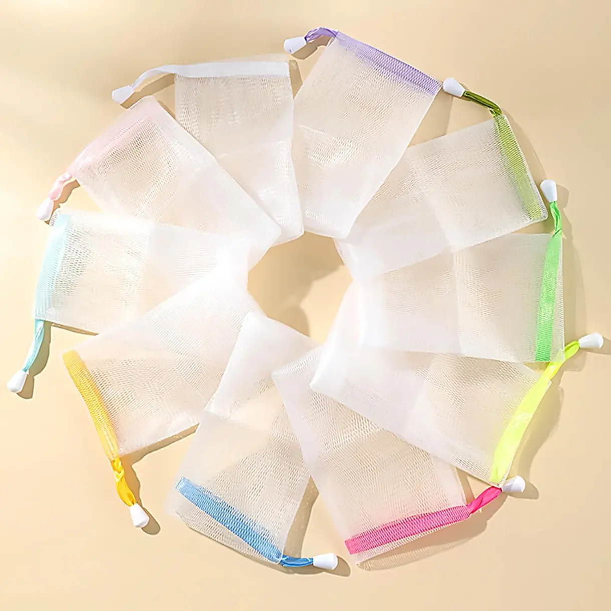 10 PCS Exfoliating Mesh Soap Pouch Double Layer Thicken Foam Net Soap Saver Sack Drawstring Holder Bags Bubble Mesh Bags (Multicolor)