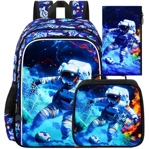 3PCS Boys Astronaut Bookbag, Water Resistant Kids School Bag Set with Lunch Box, Cool Backpack for Elementary Preschool Toddler - Soccer Astronaut