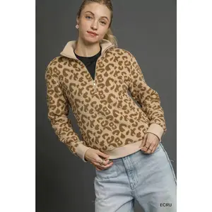 Umgee Leopard Print Quarter-Zip Sweatshirt