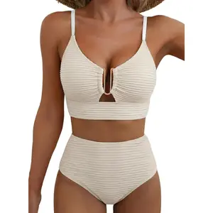2 Piece Bikini Set U-Wire Cutout Popular Swimsuit High Waisted Textured 2026 Summer Beach Swim Bathing Suits