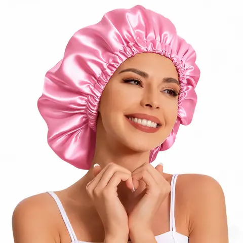 ERQQ Unisex 2-in-1 Satin Silk Hair Saver - One Size Sleep Bonnet & Shower Cap with Elastic Band, Frizz Control, Multi-Use Fashion Accessory (Random Color: Black, Pale Pink)