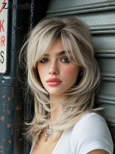 Short Biege Shaggy Layered 80s Mullet Pixie Wig with Bangs Wolf Cut Curly Synthetic Natural Funny Adult Fake Fun Hair Replacement Wigs for Women Daily Party Cosplay Costume Halloween Use 16 Inch