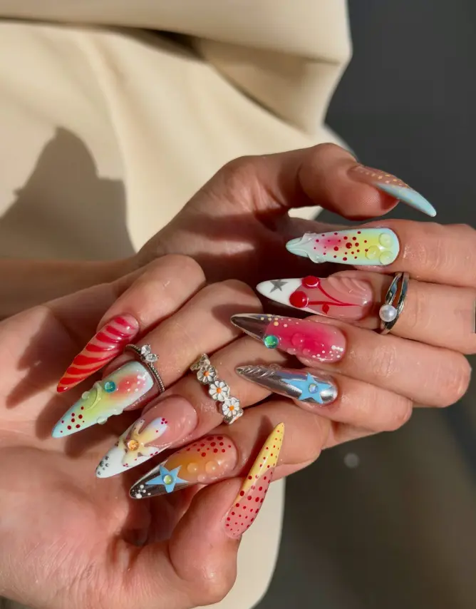 Y2K Summer Fun Press On Nails Extra Long Stiletto Colorful Gradient Fake Nails with 3D Water Droplets Stars Cherry Abstract Swirls Full Cover False Nails Sweet Baddie Reusable Acrylic Manicure Kit for Women Salon Quality