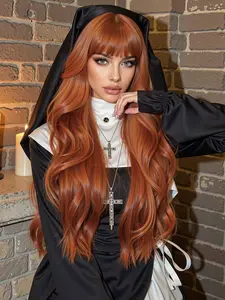 30 Inch Long Curly Synthetic Wig with Bangs, Halloween Cosplay Costume, Fashionable Quirky Style for Daily Wear, Soft Synthetic Hair